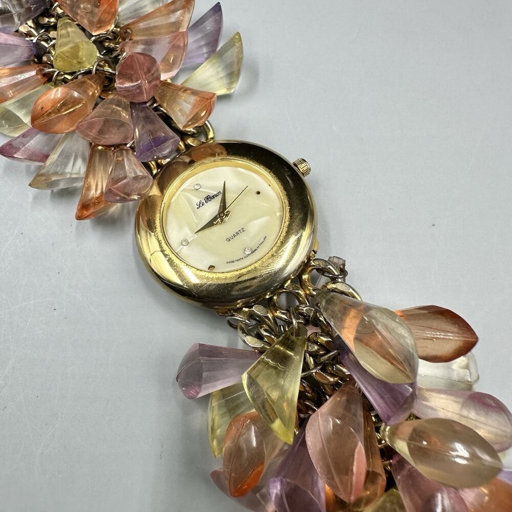 Vintage Le Baron Watch Women Gold Tone Colorful Acrylic Beaded Band Chunky